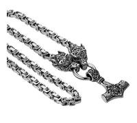 JewelryWe Viking Wolf Head Necklace: Men's Silver Mjolnir Amulet Vintage Norse Nordic Heavy Duty Bold Stainless Steel 24in King Chain Pendant