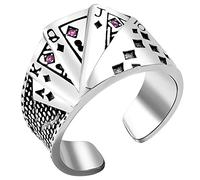 JewelryWe Vintage Poker Card Ring Diamond Spade Flush Playing Card Statement Band Rings,Adjustable Size 8-11