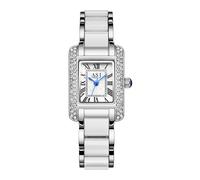 JewelryWe Women Ceramic Rectangular Watch: Ladies Vintage Girls Easy to Read Analog Quartz Silver Strap Ladies Roma Numbers Diamond Business Dress Wrist Watches