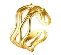 JewelryWe Women Gold Plated Ring: Ladies Hollow Irregular Knot Adjustable Chunky Stainless Steel Open Band Layered Wave Texture Stackable Rings