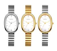 JewelryWe Women Oval Quartz Watch: Petit Ladies Gold Analogue Display Expandable Stainless Steel Elegant Elastic Bnad Bracelet Wristwatch