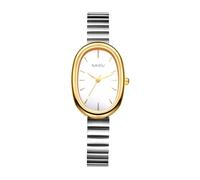 JewelryWe Women Oval Quartz Watch: Petit Ladies Gold Analogue Display Expandable Stainless Steel Elegant Elastic Bnad Bracelet Wristwatch