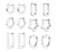 JewelryWe Women’s Square Hoop Earrings - 6 Pairs Hypoallergenic Stainless Steel Heart Star Silver Earring Set Lightweight Geometric Studs