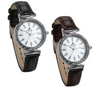 JewelryWe Women Wrist Watch Rhinestone Studded Bling Dial Leather Strap Quartz Watch