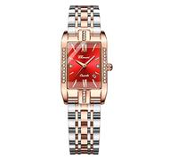 JewelryWe Women's Analogue Quartz Watch, Adjustable Steel Wrist Watch, 3 ATM Waterproof, Square Watch with Rhinestones and Calendar Dial, Red, Bracelet