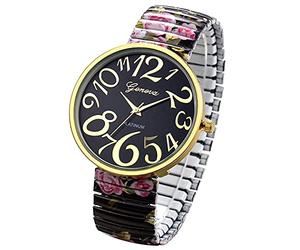 JewelryWe Women's Big Dial Easy Reader Watch Floral Elastic Stretch Band Wristwatch, for Xmas Christmas