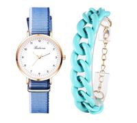 JewelryWe Women's Canvas Wristwatch Set - Simple Round Analog Quartz Arabic Numerals Watch & Resin Bracelet Set