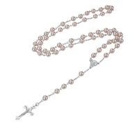 JewelryWe Women's Catholic Rosary Necklace: Pink Faux Pearl Beaded Virgin Mary Prayer Necklaces with Silver Cross Pendant Religious Y-Chain Jewelry