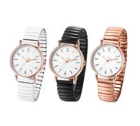 JewelryWe Women's Classic Simple Analogue Quartz Wrist Watch - Set of 3 Multicolour Elastic Stainless Steel Stretch Bracelet Thin Watch with Pull Strap & Large Round Dial, Arabic Numbers