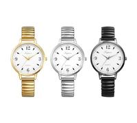 JewelryWe Women's Classic Simple Analogue Quartz Wrist Watch - Stainless Steel Stretch Bracelet with Pull Strap & Large Round Dial, Large Numbers - Set of 3