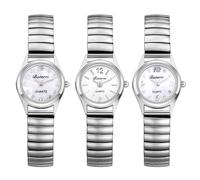JewelryWe Women's Classic Simple Analogue Quartz Wrist Watch - Stainless Steel Stretch Bracelet with Pull Strap & Large Round Dial, Small - Silver - Set of