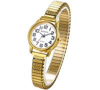 JewelryWe Women's Easy Reader Analog Watch Gold Silver Plated Elastic Band Wristwatch for Mother's Day, Gold, 7.08in -8.66in, Classic