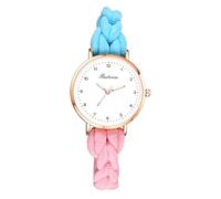 JewelryWe Women's Elastic Braided Watch: Ultra-Thin Lightweight Analog Quartz Bracelet Watches Blue and Pink Weave Rope Stretch Band Wristwatch