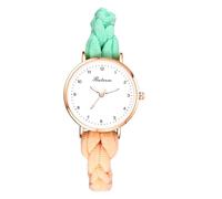 JewelryWe Women's Elastic Braided Watch: Ultra-Thin Lightweight Analog Quartz Bracelet Watches Green and Orange Weave Rope Stretch Band Wristwatch