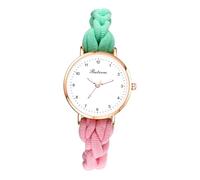 JewelryWe Women's Elastic Braided Watch: Ultra-Thin Lightweight Analog Quartz Bracelet Watches Green and Pink Weave Rope Stretch Band Wristwatch