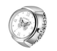 JewelryWe Women's Elastic Ring Watch: Retractable Elastic Finger Watch Quartz Movement Analog Butterfly Decoration Dial Stainless Steel Strap - for Leisure Business Gift, Silver-Black, Minimalist