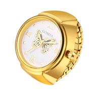 JewelryWe Women's Elastic Ring Watch: Retractable Elastic Finger Watch Quartz Movement Analog Butterfly Decoration Dial Stainless Steel Strap - for Leisure Business Gift, Gold-Black, Bracelet
