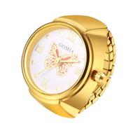 JewelryWe Women's Elastic Ring Watch: Retractable Elastic Finger Watch Quartz Movement Analog Butterfly Decoration Dial Stainless Steel Strap - for Leisure Business Gift, Gold-Red, Bracelet