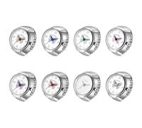JewelryWe Womens Finger Ring Watch: 8PCS Finger Watches Set Silver Elastic Watch Rings Butterfly Round Dial Quartz Ring Watches