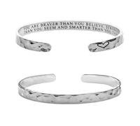 JewelryWe Women's Friendship Cuff Bracelet: Stainless Steel Hammered Open Bangle Engraved Inspirational Quote YOU ARE BRAVER THAN YOU BELIEVE Adjustable Wide Chunky Wristband for Sister Best Friend