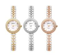 JewelryWe Womens Iced-Out Pearl Watch: Round Analog Quartz Wrist Watch Stylish Rhinestone Casual Business Dress Watch