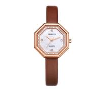 JewelryWe Women's Octagonal Leather Watch: Ladies Brown Elegant Quartz Analog Soft Strap Diamond Scale Ultra-Thin 30M Waterproof Wrist Watch