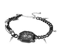 JewelryWe Women's Pocket Watch Leather Choker Chain Gothic Heart Necklace Pendant Watch Black Leather Collar with Watch Analogue Quartz Chain Watch Gift for Wife Sister Girlfriend, Black - Octagonal