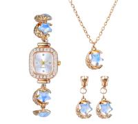 JewelryWe Women's Rectangle Watch Set - Analog Quartz Timepiece Moonstone Cubic Zirconia Dainty Square Dress Wristwatch Jewelry Set