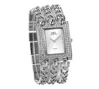 JewelryWe Womens Simple Square Dial Quartz Watch Rhinestone Silver Tone Case Chain Band Wrist Watch