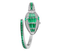 JewelryWe Women's Snake Bracelet Watch: Ladies Novelty Green Quartz Analog Serpent Head Decor Wristwatch Full Crystal Diamond Open Cuff Bangle Timepiece