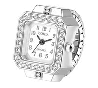 JewelryWe Womens Square Ring Watch: Adjustable Stainless Steel Stretch Band Sparkling Diamond Case Quartz Analog Novelty Finger Watches