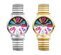 JewelryWe Women's Watch Elastic Watch for Seniors Analogue Quartz Wrist Watch Women's Stretch Bracelet Casual Watch with Stainless Steel Pull Strap & Large Easy to Read Dial, Colourful numbers - set