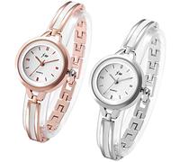 JewelryWe Women's Watch Elegant Analogue Quartz Wrist Watch Women's Small Simple Casual Watch Clasp Watch with Metal Strap Rose Gold/Silver, 2 Pieces (Rose Gold + Silver), Elegant