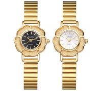 JewelryWe Women's Watch Gold Stainless Steel Watches Fashionable Flower Design Analogue Quartz Wrist Watch Women's Slim Stainless Steel Strap Small Casual Watch with Flower Bezel & Bar Scale, Gold -