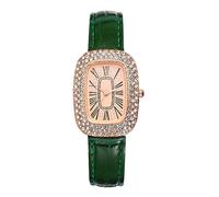 JewelryWe Women's Watch with Diamonds, Watches with Leather Strap, Square Watch with Diamonds, Quartz Analogue Watch, Roman Numeral Scale, Red Black Green Brown, green, strip