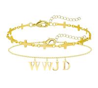 JewelryWe Women's WWJD Gold Bracelet: 2 Pieces Religious Jesus What Would Jesus Do Letters Cross Stacking Protection Prayer Inspirational Christian Bracelets