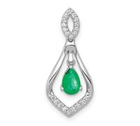 JewelryWeb 10.1mm 14ct White Gold Diamond and Teardrop Emerald Dangle Pendant Necklace-Pendant for Women