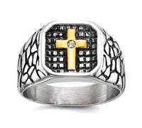 JewelryWeb 11mm Stainless Steel Artisan Oxidized and Polished Yellow Ip With Cubic Zirconia Religious Faith Cross Signet Ring Size 10 Band Style-Ring for Women
