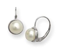 Jewelryweb 14ct Gold 8mm White Freshwater Cultured Pearl Bezel set Lever Back Earrings White Gold Stud Earring for Women