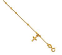 JewelryWeb 14ct Solid Yellow Gold Polished Beaded Religious Faith Cross With 1 Centimeters Extension Rosary Bracelet 18 Centimeters Link-Bracelet for Women