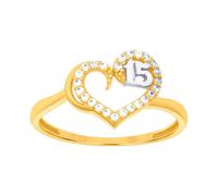 JewelryWeb 14ct Two tone Gold Womens Cubic Zirconia Sweet 15 Love Heart Quinceanera Ring 10.1x10.1mm Wide Statement-Ring for Women