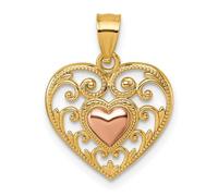 JewelryWeb 15mm 14ct Solid Gold Two tone Polished and Textured Fancy Love Heart In-Heart Pendant Necklace-Pendant for Women