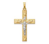 JewelryWeb 18mm 14ct Solid Gold Two tone Hollow Polished Textured and Striped Latin Crucifix Pendant Necklace for Women