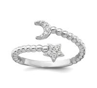 JewelryWeb 20.5mm Ss Rhodium Plated Polished and Beaded Adjustable CZ Simulated Diamond Celestial Moon And Star Ring Size 7 Band Style-Ring for Women