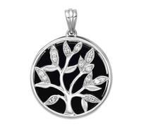 JewelryWeb 22.75mm 925 Sterling Silver Rhodium Plated Polished Simulated Onyx and CZ Tree Of Life Pendant Necklace-Pendant for Women