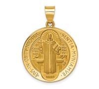 JewelryWeb 22mm 14ct Solid Yellow Gold Polished and Satin St. Benedict Reversible Hollow Medal Pendant Necklace-Pendant for Women