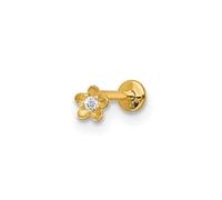 JewelryWeb 3.5mm 14ct Solid Yellow Gold 18 Gauge Polished and Satin CZ Simulated Diamond Flower Labret Stud Body Piercing-Stud for Women