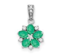 JewelryWeb 8.9mm 14ct White Gold Emerald and Diamond Floral Pendant Necklace-Pendant for Women