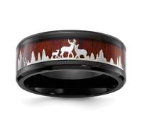 JewelryWeb 8mm Stainless Steel Polished Black Ip With Wood Inlay Deer In Forest Design Band Size 10.5-Band Style Ring for Women and Men