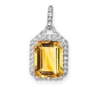JewelryWeb 9.6mm 14ct White Gold Emerald-Cut Citrine and Diamond Halo Pendant Necklace-Pendant for Women